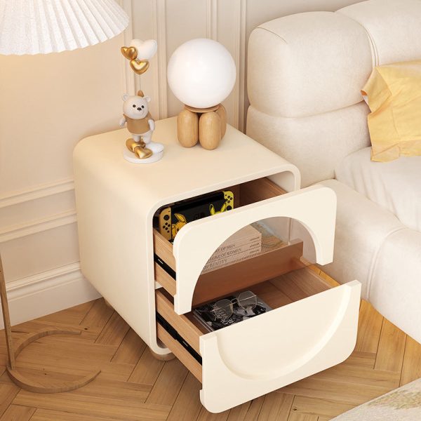 Modern Minimalist Round Corner Rectangular Density Panel Solid Wood Glass Stainless Steel Nightstand 2-Drawer For Bedroom - Image 11