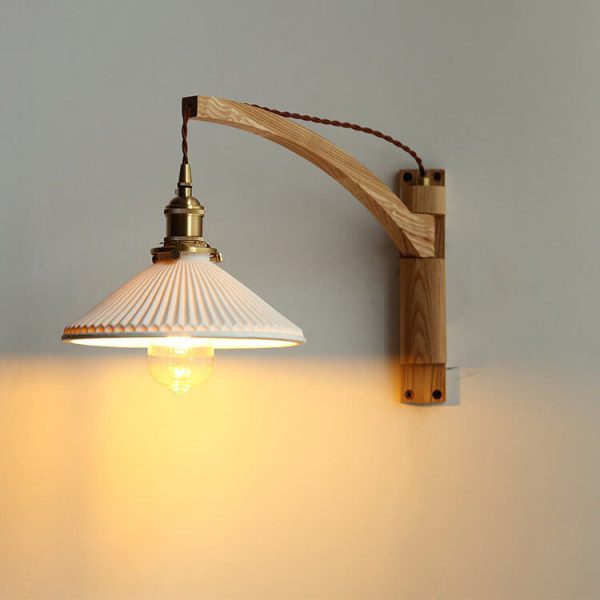 Nordic Milk White Striped Glass Walnut Retractable 1-Light Wall Sconce Lamp - Image 10