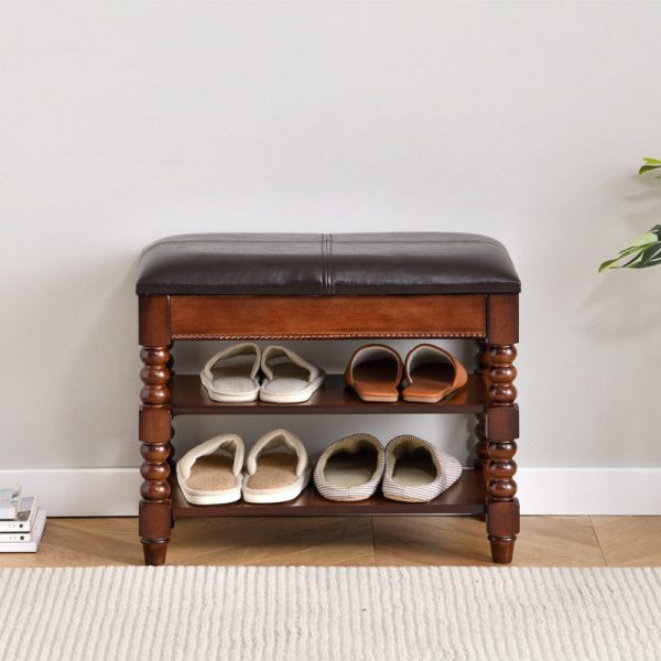 Traditional European Rectangular Wood Leather Vanity Stool Backless Armless For Living Room - Image 2