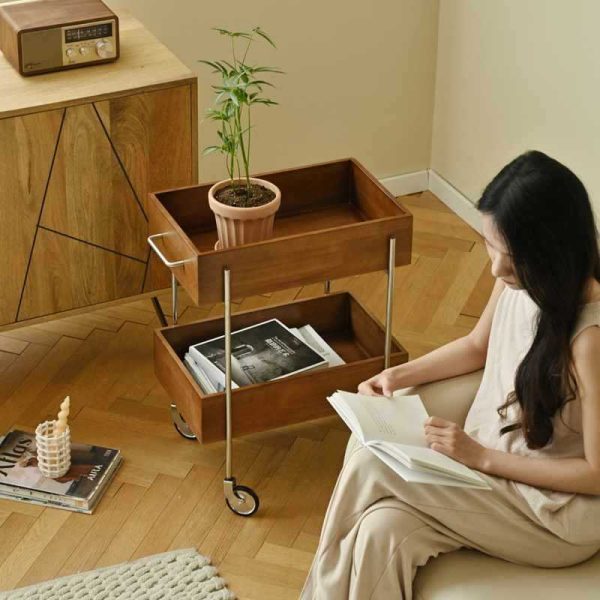 Contemporary Retro Rectangular Wood Stainless Steel Side Table 2-Tier Movable For Living Room - Image 10