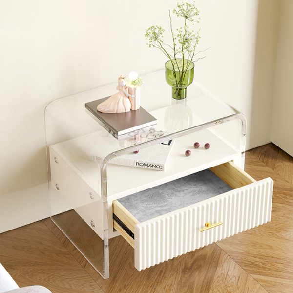 Modern Luxury Rectangular Table Top Acrylic Tempered Glass Solid Wood Nightstand 1-Drawer For Bedroom - Image 2