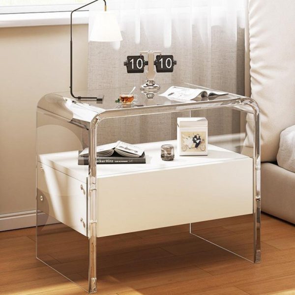 Modern Simplicity Rectangular Tabletop Acrylic Solid Wood Nightstand 1-Drawer For Bedroom - Image 17