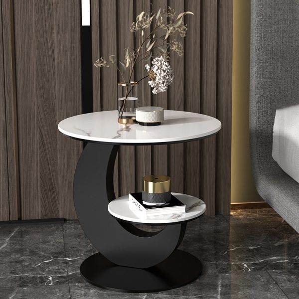Modern Luxury Round Crescent Moon Frame Slab Carbon Steel End Table 2-Tray For Living Room - Image 23