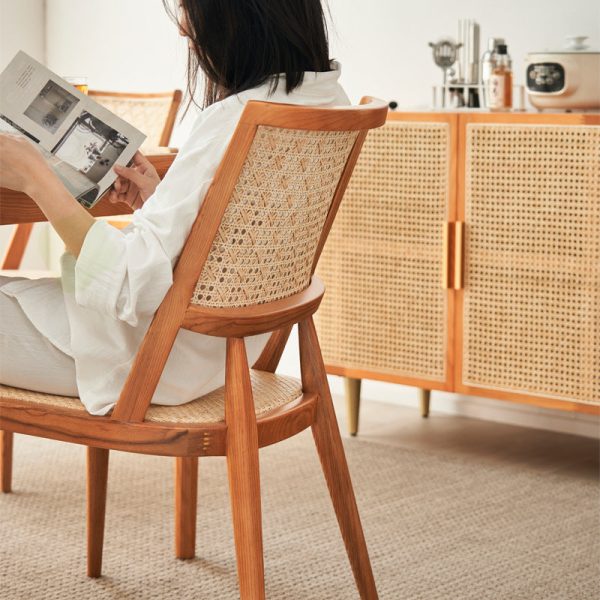 Traditional Vintage Rattan Weaving Wood Frame Dining Chair Backrest For Dining Room - Image 10