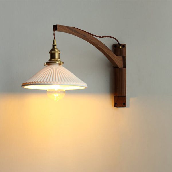 Nordic Milk White Striped Glass Walnut Retractable 1-Light Wall Sconce Lamp - Image 2
