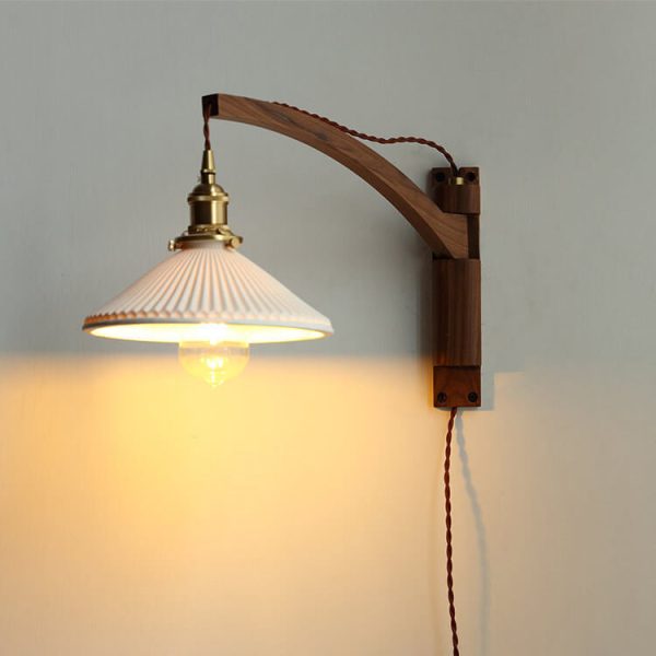 Nordic Milk White Striped Glass Walnut Retractable 1-Light Wall Sconce Lamp - Image 8