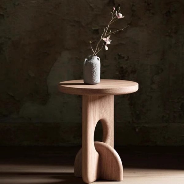 Traditional Japanese Round Wooden End Table For Living Room - Image 2