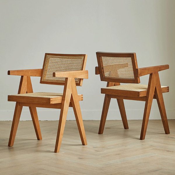 Modern Minimalist Square Solid Wood Rattan Dining Chair Four Legs Backrest Armrest For Dining Room - Image 3
