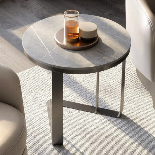 Modern Simplicity Round Triangle Base Slate Metal End Table For Living Room - Image 2