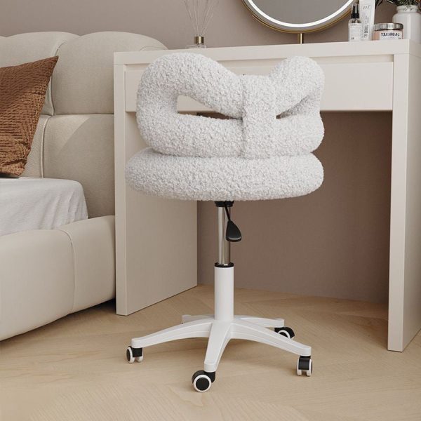 Modern Art Deco Butterfly Knot Round Lambswool Leather Metal Vanity Stool Backrest Armless For Bedroom - Image 10
