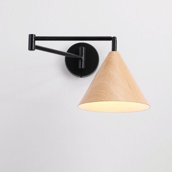 Nordic Minimalist Cone Swing Arm Wood Grain Iron 1-Light Wall Sconce Lamp - Image 7