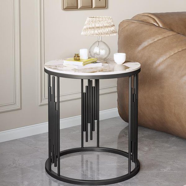 Contemporary Scandinavian Round Cylindrical Rock Slab Carbon Steel End Table For Living Room - Image 11
