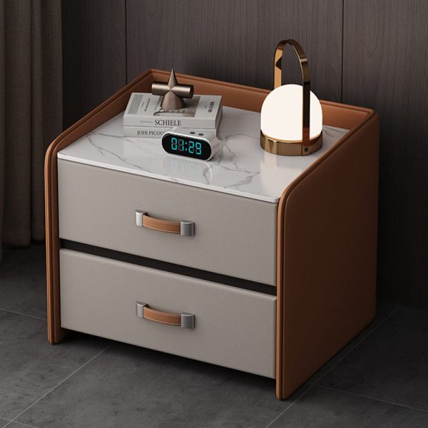 Modern Simplicity Rectangular Slab Saddle Leather Wood Nightstand 2-Drawer For Bedside - Image 12