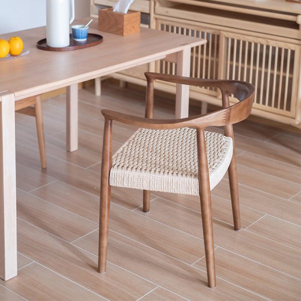 Traditional Vintage Braided Rope Wood Legs Square Dining Chair Backrest Armrest For Dining Room - Image 21