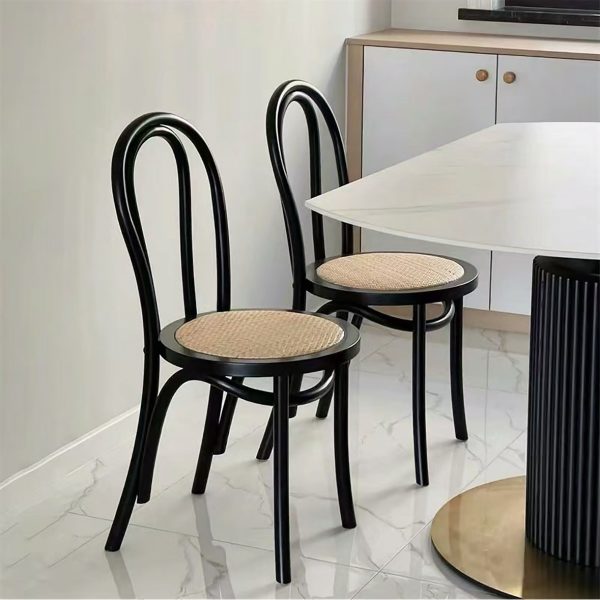 Traditional Chinese Round Wood Rattan Dining Chair Four Legs Backrest For Dining Room - Image 3