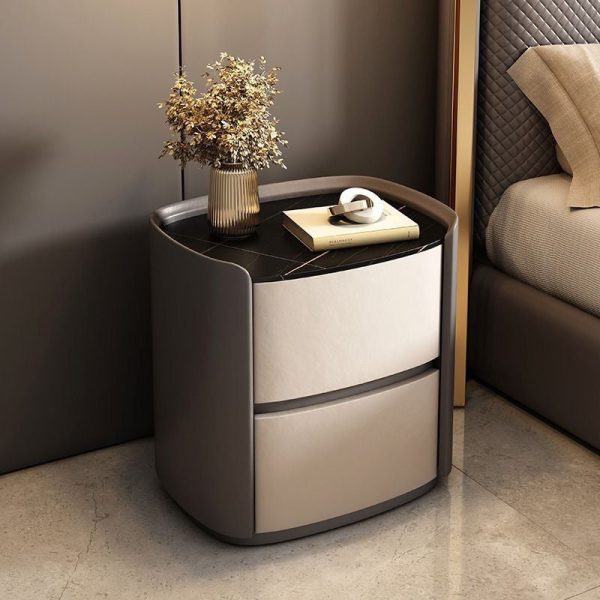 Modern Simplicity Elliptical Slab Microfiber Leather Wood Nightstand 2-Drawer For Bedside - Image 2