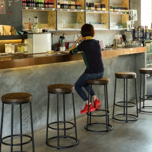 Contemporary Industrial Round Solid Wood Iron Frame Bar Stool Backless Footrest For Dining Room - Image 13