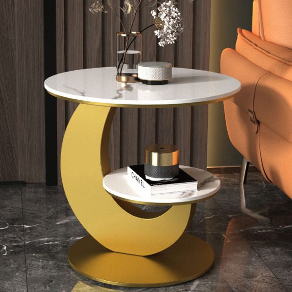 Modern Luxury Round Crescent Moon Frame Slab Carbon Steel End Table 2-Tray For Living Room - Image 15