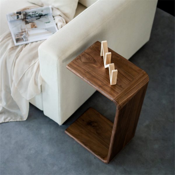 Contemporary Nordic Rectangular Square C Shape Wood Walnut End Table Embedded For Living Room - Image 4