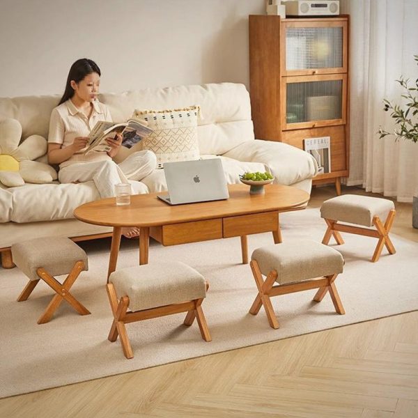 Contemporary Simplicity Wood Linen X-Shaped Legs Footstool Backless Armless For Entryways - Image 15