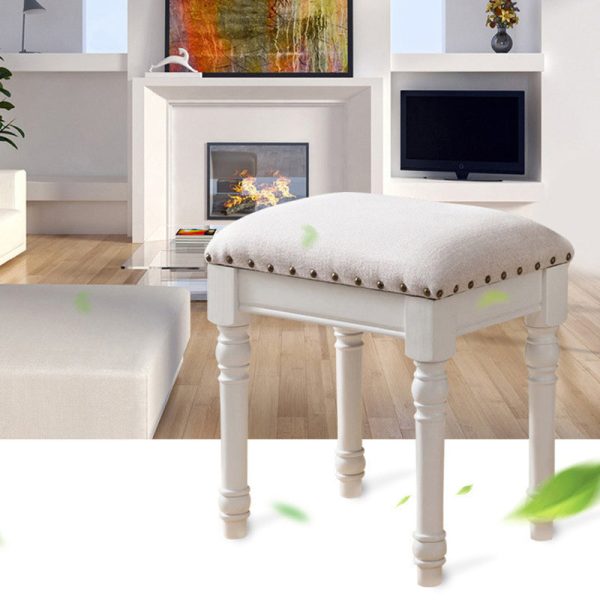 Contemporary Scandinavian Square Linen Leather Solid Wood Vanity Stool Backless Armless For Bedroom - Image 2