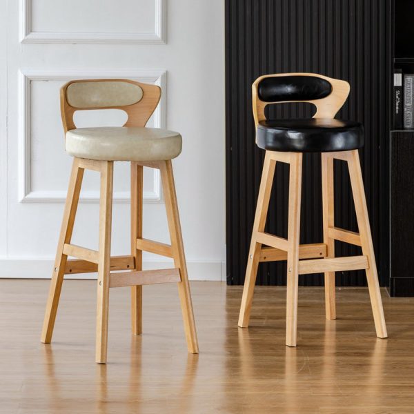 Modern Simplicity Round PU Leather Wood Bar Stool Low Back Footrest For Dining Room - Image 4