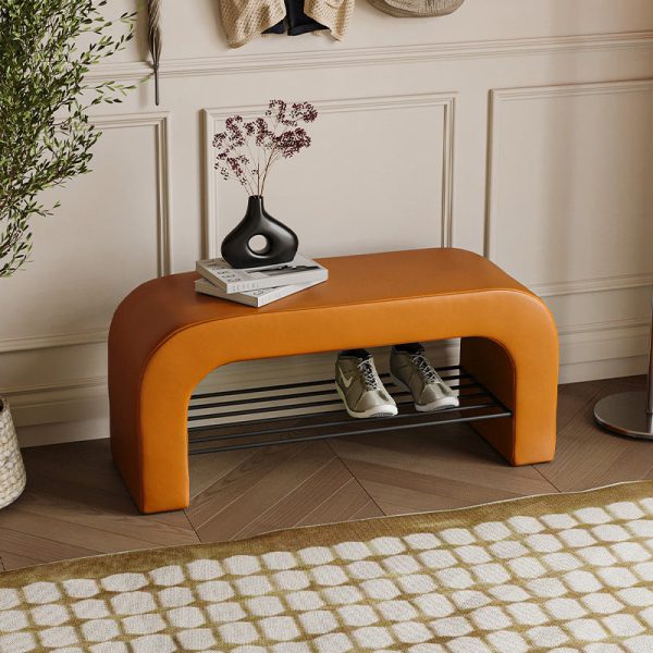 Modern Minimalist Long Rectangle Lambswool PU Leather Iron Storage Bench 1-Shelf For Entryways - Image 11