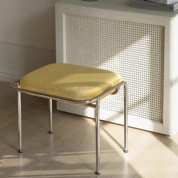 Contemporary Scandinavian Square Cotton Linen Upholstered Stainless Steel Frame Vanity Stool Backless For Bedroom - Image 2