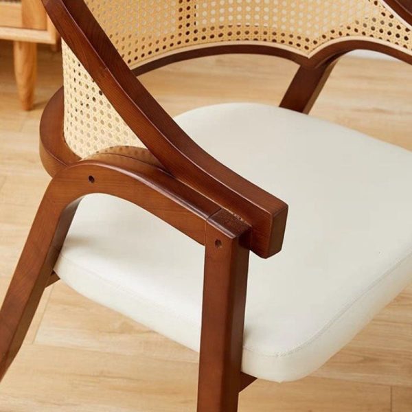 Traditional Vintage Square Upholstered Solid Wood Rattan Linen Dining Chair Backrest Armrest For Dining Room - Image 13