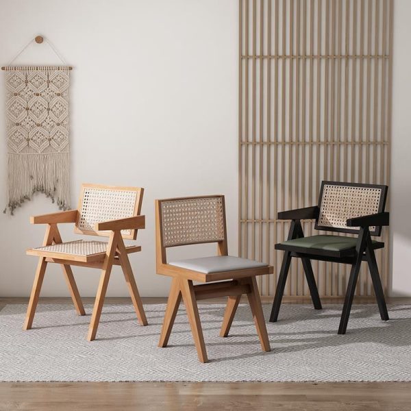Modern Minimalist Square Solid Wood Rattan Dining Chair Four Legs Backrest Armrest For Dining Room - Image 2