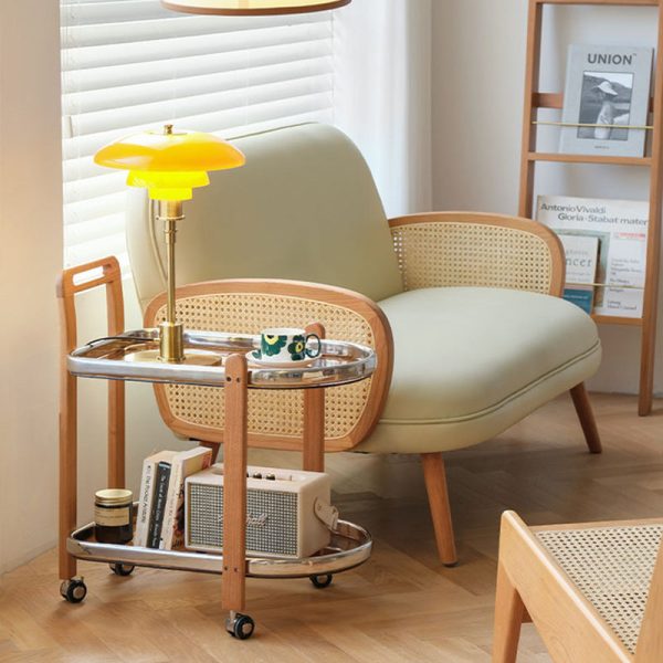 Modern Minimalist Square Wood Glass End Table Two Tier Trolley Swivel For Living Room - Image 2