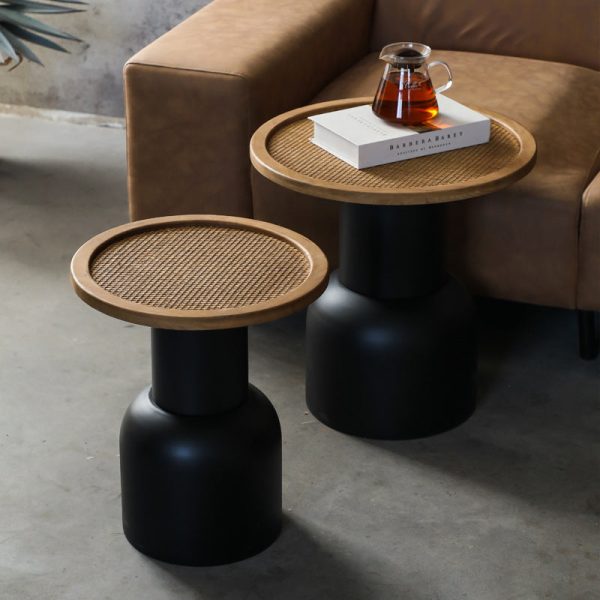 Traditional Vintage Round Cylinder Iron Rattan Wood End Table For Living Room - Image 5