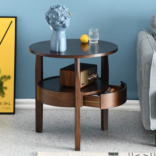 Contemporary Retro Antique Oak Wood Circular End Table 2-Tier Drawer For Living Room - Image 3