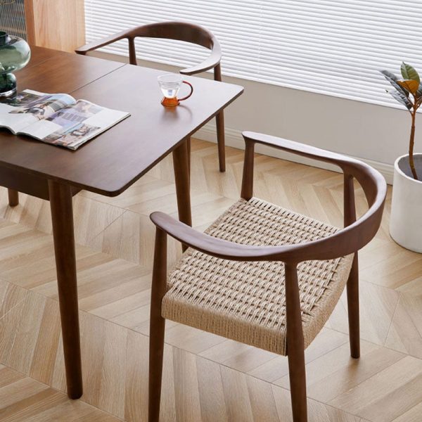 Traditional Vintage Braided Rope Wood Legs Square Dining Chair Backrest Armrest For Dining Room - Image 13