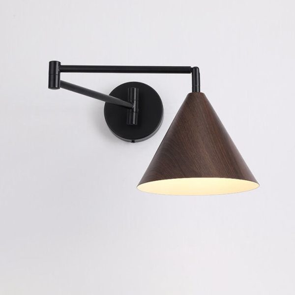 Nordic Minimalist Cone Swing Arm Wood Grain Iron 1-Light Wall Sconce Lamp - Image 6