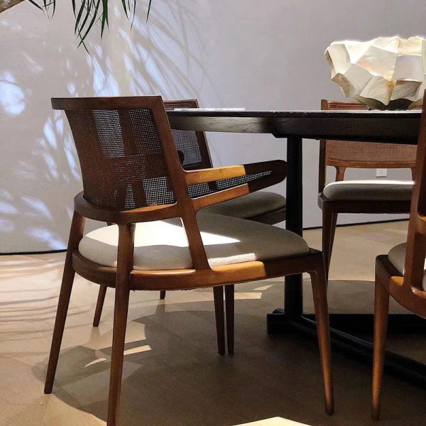 Traditional Chinese Square Wood Weaving Leather Dining Chair Four Legs Backrest Armrest For Dining Room - Image 2