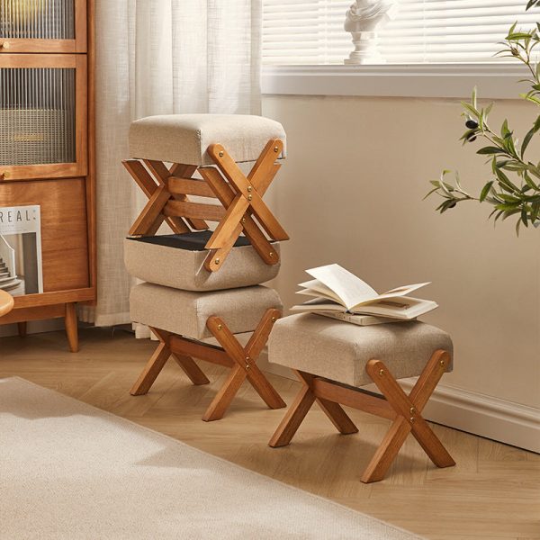 Contemporary Simplicity Wood Linen X-Shaped Legs Footstool Backless Armless For Entryways - Image 17