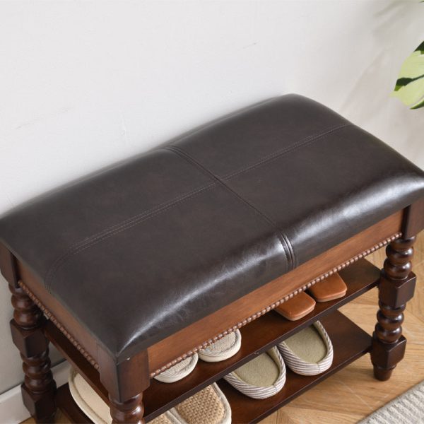 Traditional European Rectangular Wood Leather Vanity Stool Backless Armless For Living Room - Image 8