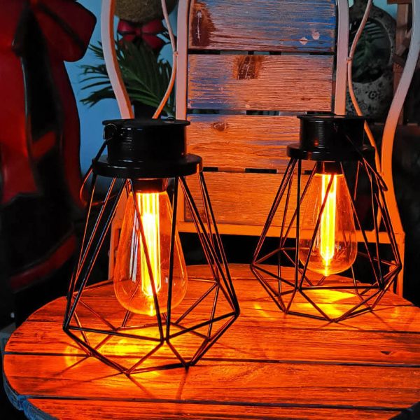 Solar Retro Iron Lantern Geometry LED Decorative Outdoor Landscape Light - Image 7