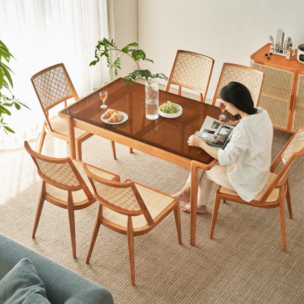 Traditional Vintage Rattan Weaving Wood Frame Dining Chair Backrest For Dining Room - Image 11