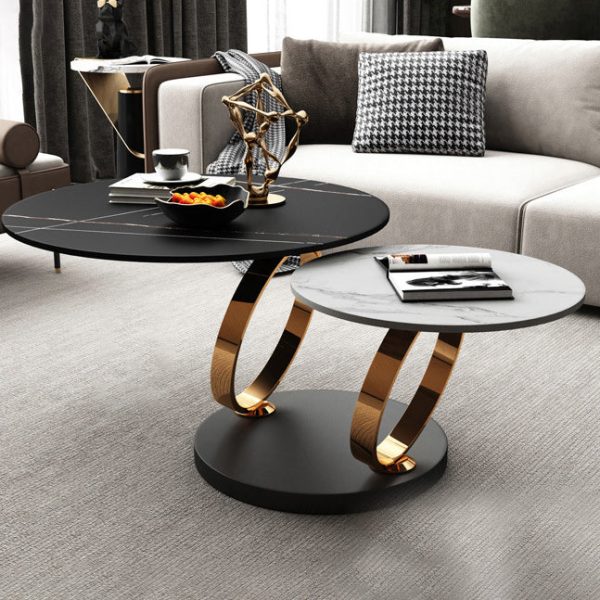 Contemporary Nordic Round Slab Stainless Steel Coffee Table 2-Shelf For Living Room - Image 10