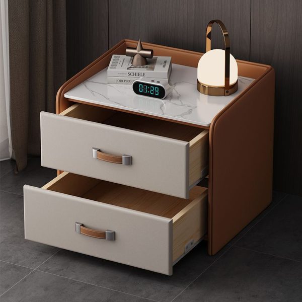 Modern Simplicity Rectangular Slab Saddle Leather Wood Nightstand 2-Drawer For Bedside - Image 9