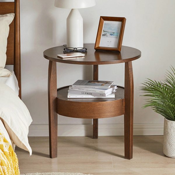 Contemporary Retro Antique Oak Wood Circular End Table 2-Tier Drawer For Living Room - Image 11