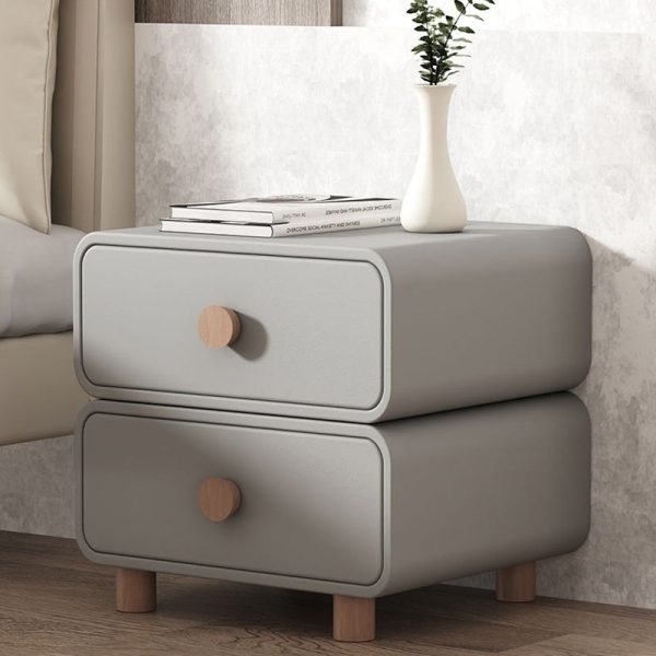 Contemporary Scandinavian Square Tabletop Solid Wood Microfiber Leather Stainless Steel Nightstand 2-Drawer For Bedroom - Image 9