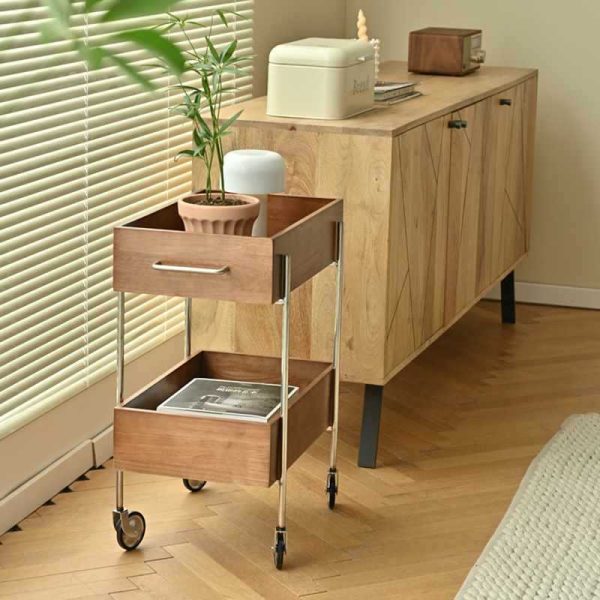 Contemporary Retro Rectangular Wood Stainless Steel Side Table 2-Tier Movable For Living Room - Image 3