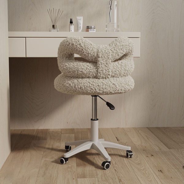 Modern Art Deco Butterfly Knot Round Lambswool Leather Metal Vanity Stool Backrest Armless For Bedroom - Image 2