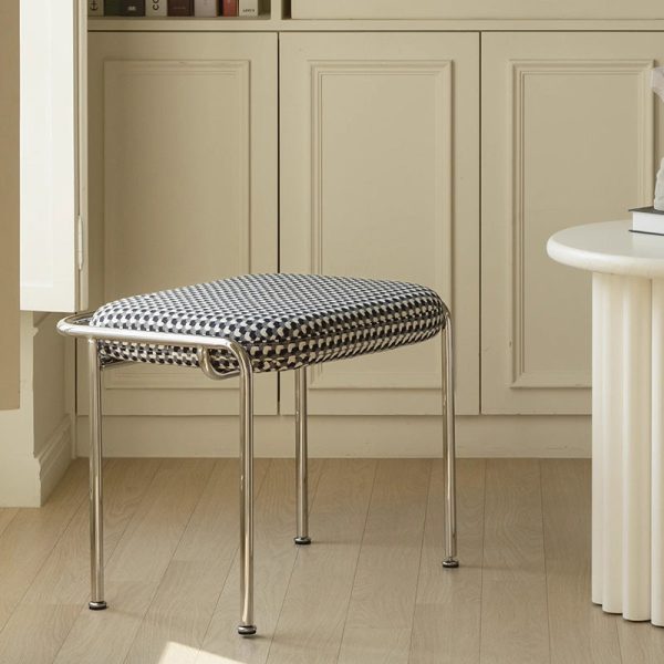 Contemporary Scandinavian Square Cotton Linen Upholstered Stainless Steel Frame Vanity Stool Backless For Bedroom - Image 3