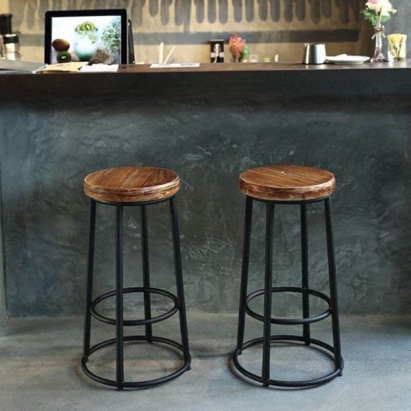 Contemporary Industrial Round Solid Wood Iron Frame Bar Stool Backless Footrest For Dining Room - Image 2