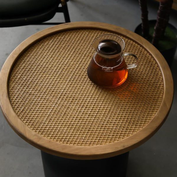 Traditional Vintage Round Cylinder Iron Rattan Wood End Table For Living Room - Image 6