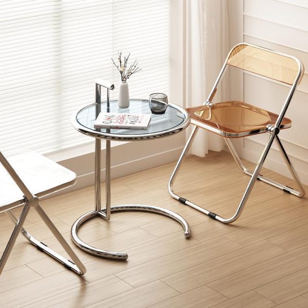 Modern Minimalist Round Tabletop Stainless Steel Tempered Glass Side Table Extendable For Living Room - Image 8